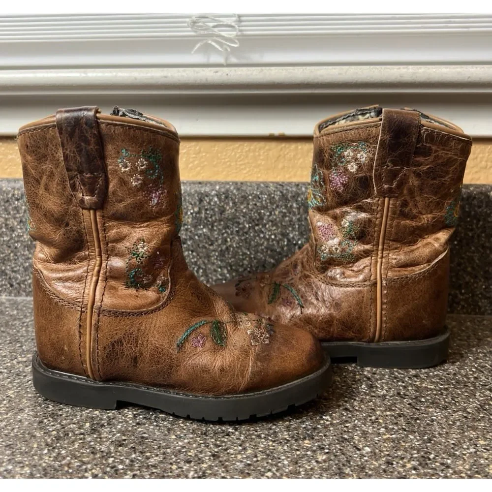Shyanne Toddler Little Girls Sz 7D Knee High Brown Leather Embroidered Zip Boots